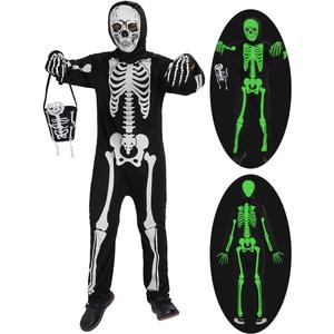 Halloween skeleton costume kids,glow in the dark skeleton costume on both sides Skuller candy bag for boys and grils (Medium, Black)