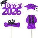 4 Pcs Class of 2026 Cake Topper Purple Glitter 2026 Graduation Party Cake Decor Congrats Grad/High School/We are So Proud of You/Happy Graduation 2026 Graduate Party Cake Supplies Decorations