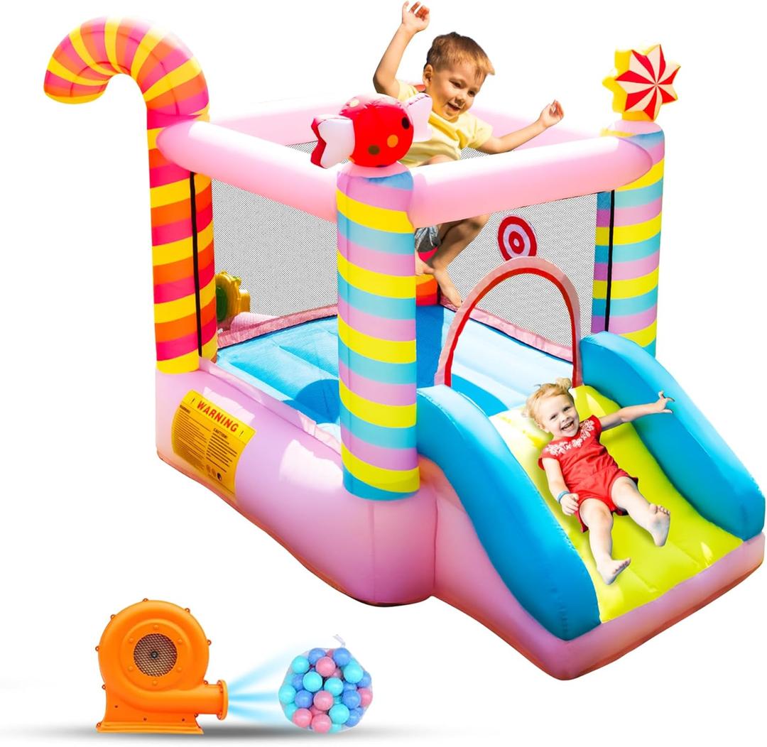 Candy Bounce House for Kids Ages 3-6, Sweet Inflatable Bouncy Castle with Slide, Indoor Outdoor Small Jumping House with Blower, Mini Toddler Bounce Castle for Birthday Gifts and Holidays