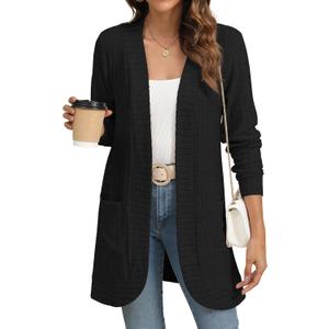 YSYOKOW Women Long Sleeve Open Front Cardigan Casual Lightweight Long Cardigans Loose Knit Outwear with Pockets (Large, Black)