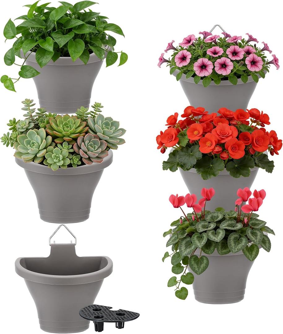 MADHOLLY 6Pcs Vertical Hanging Planters for Outdoor Plants - Wall Plant Holder for Indoor Decorations Garden Fence, Plastic Flower Pots with Drainage Grid and Hooks (Gray)