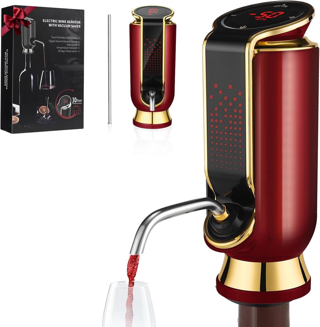 Luxurious 4-in-1 Electric Wine Aerator, Decanter, Dispenser & Vacuum Saver with LED Display - Wine Pourer Gift for Women and Wine Lovers (Rose Red)