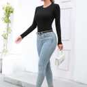 MANGDIUP Women's Bodysuit - Long Sleeve Round Neck Stretch Top Bodysuit Jumpsuit (Medium, Black)