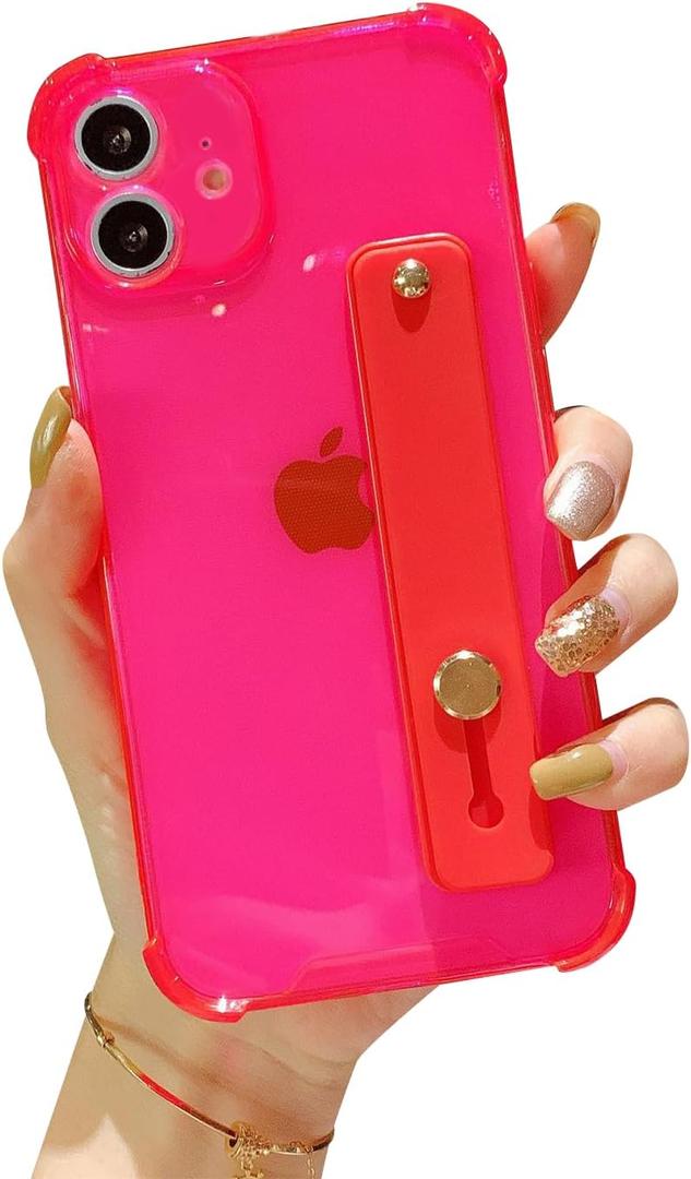 siduater Strap Holder Case for 5.4" iPhone 12 Mini with Wristband Kickstand, Clear Soft TPU Protective Shockproof Bumper Cover, Adjustable Hand Grip Loop for iPhone 12 Mini 5.4 Inch, Neon Hot Pink