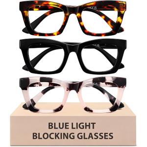 3 Pack Blue Light Glasses for Woman, Fashion Computer Blue Light Blocking Glasses, Anti Eye Strain Square Eyeglasses
