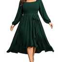SCOMCHIC Women Plus Size Maxi Dress Fall Long Sleeve Wedding Guest Smocked High Low Ruffle Cocktail Dress with Belted Emerald Green, X-Large Plus