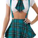 Women Sexy Lingerie Set Tie Crop Top and Plaid Skirt Set Cosplay Outfits Costumes XXL (Green)