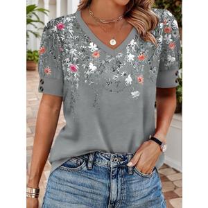 Womens Tops Short Sleeve Shirts Buttons V Neck Spring Fashion Summer Outfits Oversize Blouses Dressy Casual (Large, Grey Floral)