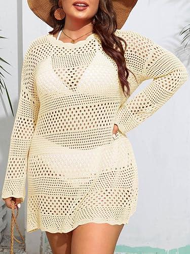 Beautife Womens Plus Size Swimsuit Cover Up Crochet Long Sleeve Mesh Knit Crew Neck Beach Coverup Dress, 29/37
