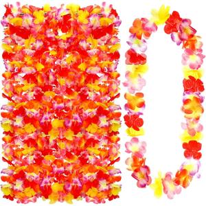 Hoteam 24 Counts Orange Hawaiian Leis Necklace Tropical Flower Lei Floral Luau Party Decorations Hawaiian Flower Luau Necklaces Hula Dance Garland Headbands for Beach Birthday Wedding Party Favor