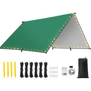 Rhino Valley Waterproof Tent Tarp, 9.8*9.8 Ft Large Outdoor Shelter Cover with Light Strings, Lightweight Portable Tarp Shelter Rain Tarp Camping Canopy for Hiking Traveling Backpacking (Dark Green)