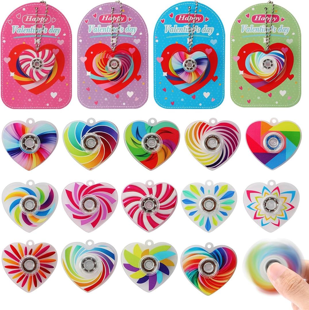 Valentine's Day Gifts - 28 Pcs Fidget Spinner Keychains Set with Greeting Card, School Valentine Gift Exchange, Stress Relief Toys for Kids Boys Girls