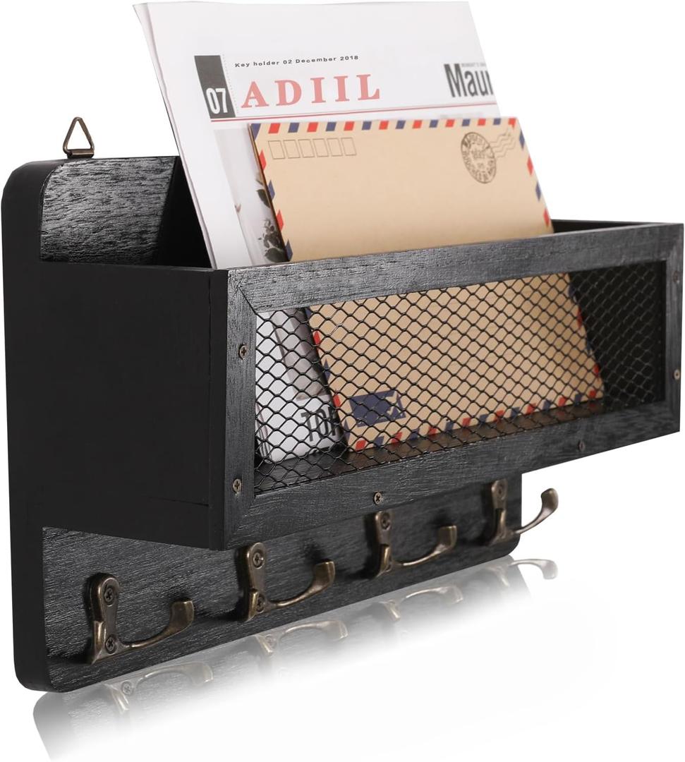 ADIIL Mail and Key Holder for Wall Decorative, Wooden Wall Mount Key Rack Hanger Organizer with 4 Double Key Hooks, Rustic Home Decor for Entryway Hallway, Black