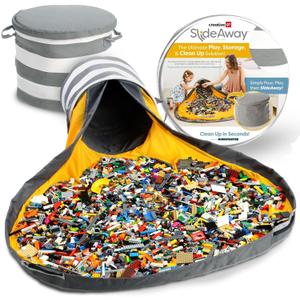 Creative QT SlideAway Toy Storage Organizer & Extra Large 52" Play Mat, Collapsible Storage Bins for Building Bricks, Small Blocks, Toys, Drawstring Cleanup for Kids Playroom & Classroom, Grey Stripes