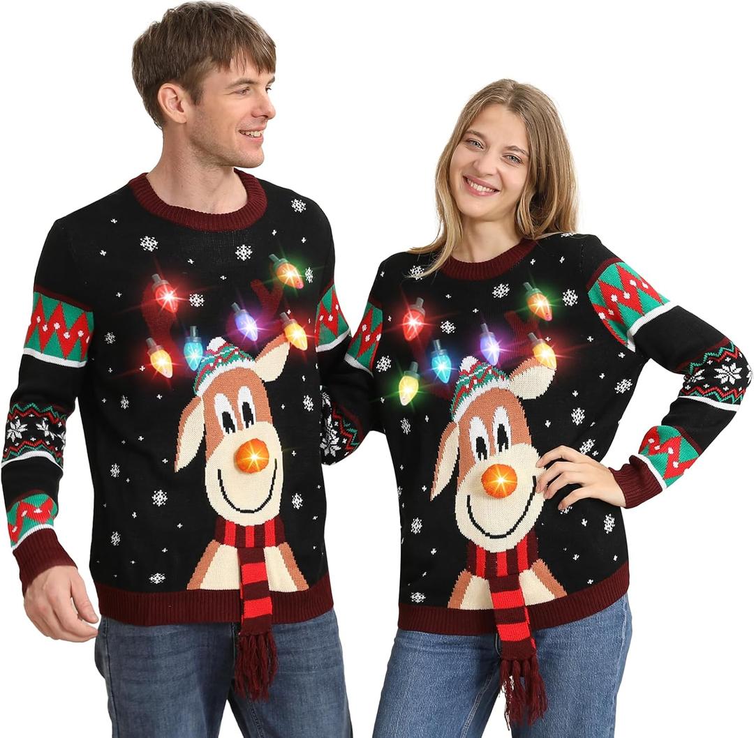 Ugly Christmas Sweater Women Men,Light Up Christmas Sweater for Couples,Funny Cute Reindeer LED Xmas Tacky Sweaters L