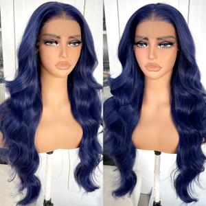 Dark Blue Wig Blue Body Wave Lace Front Wig, Glueless Lace Wig, Pre-plucked Pre-layered Body Wave Wig with Curtain Bangs for Black Women, 24