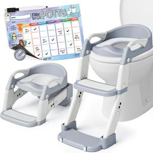3-in-1 Potty Training Seat, Toddler Toilet Seat with Step Stool Ladder, Toddler Potty Chair for Boys Girls, Foldable with Splash Guard and Anti-Slip Steps, with A4 Size Magnetic Weekly Chart (Gray)