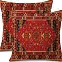 Outdoor Waterproof Pillow Covers 18X18 Inch Set of 2 Bohemian Vintage Carpet Pattern Pillow Covers Ethnic Design Decorative Farmhouse Cushion Case for Couch Red
