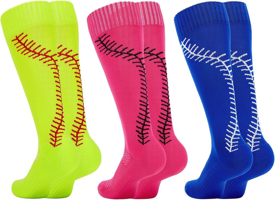 American Trends Girls Softball Socks with Stitches 3 Pairs Youth Athletic Socks for Soccer, Baseball, Softball, Football (L)