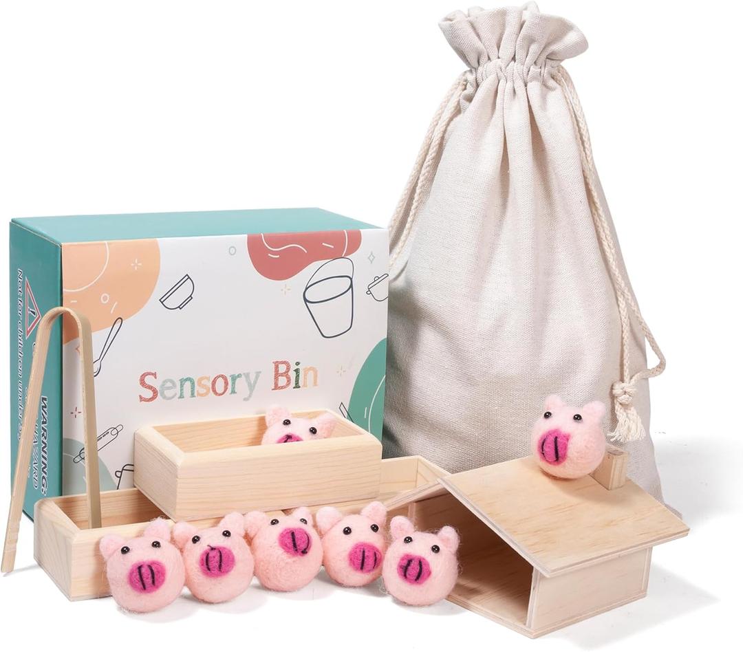 Sorting Stacking Wooden Toys for Toddlers, Montessori Pig Toy Toddler Sensory Bin Tool Toys, Wood Farm Toy House Fine Motor Skill Early Learning Preschool Educational Gift for Kids