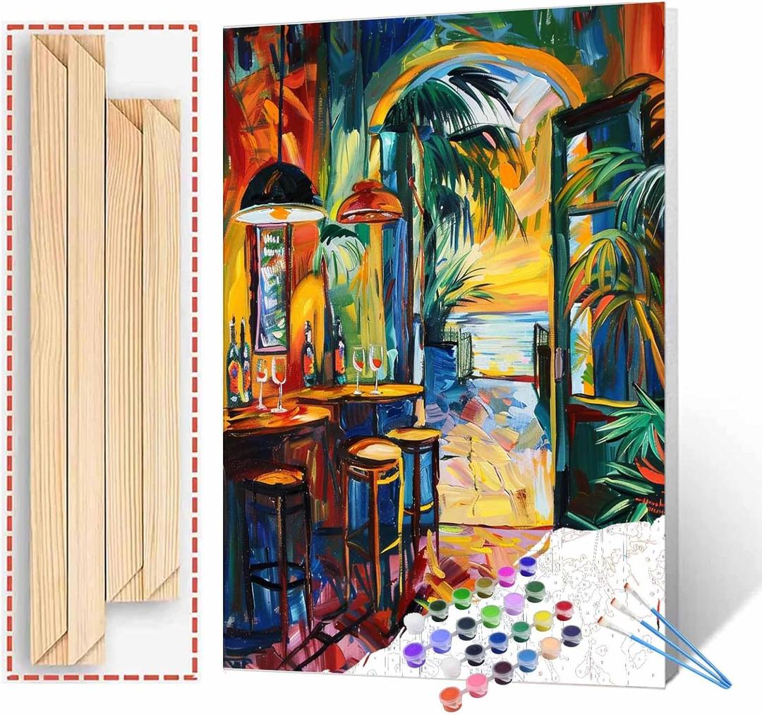 Tropical Paradise Painting Romantic Bar Shop Paint by Number Kits 16 x 20 inch Canvas DIY Graffitic Store Doorway Oil Acrylic Art for Adults Beginner with Brushes Home Decor Boho Gift(DIY Frame)