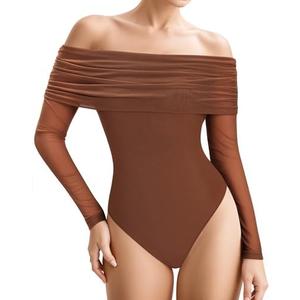 MANGOPOP Women's Off The Shoulder Long Sleeve Bodysuit Sexy Sheer Mesh Top Double Lined Body Suits Fall Outfit 2025, Brown, S