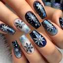 2 x Christmas Press on Nails Medium Coffin Black Nails with Snowflake Bling Starry Sky Designs Artificial Acrylic Nails Press Ons Glitter Glue on Nails Holiday Stick On Nails for Women Girls 24Pcs