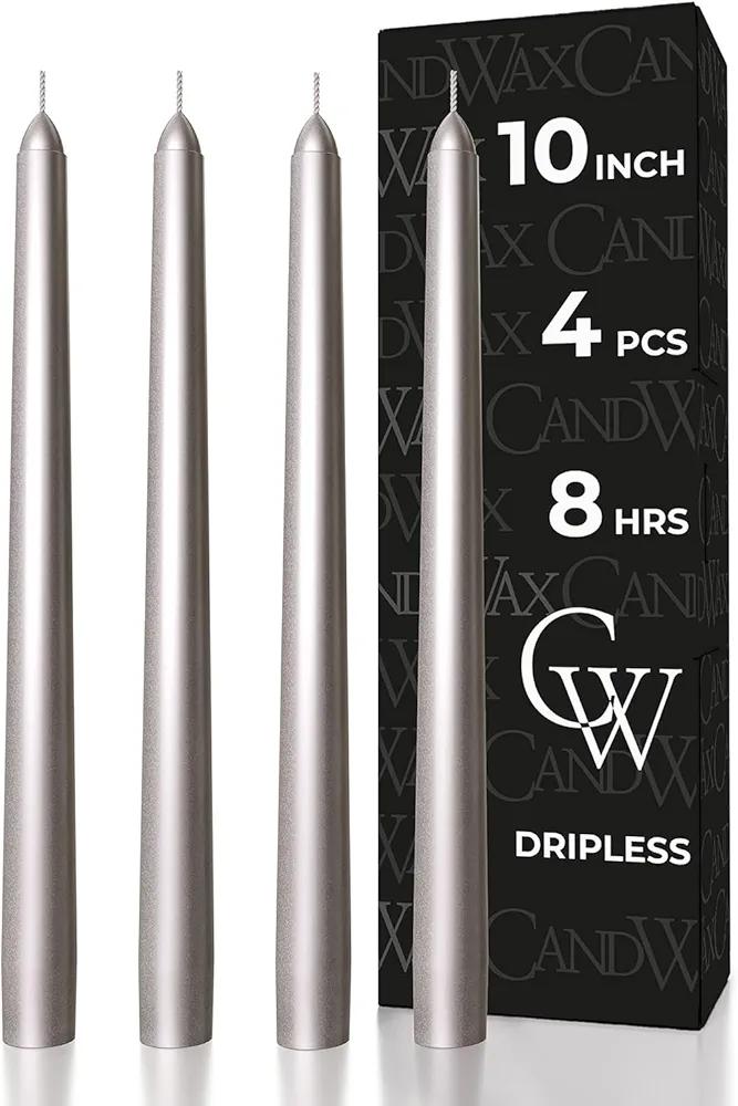 CANDWAX 10 inch Silver Taper Candles Set of 3 - Christmas Candles Taper Dripless - Tall Long Burning Fragrance-Free Silver Candlesticks