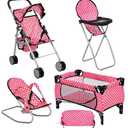 fash n kolor 4 Piece Doll Play Set, Includes - 1 Pack N Play. 2 Doll Stroller 3.Doll High Chair. 4.Infant Seat, Fits Up to 18'' Doll (4 Piece Set)