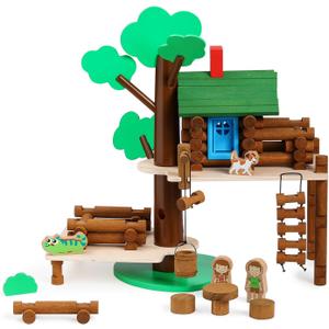 SainSmart Jr. 2-Tier Wooden Tree House Building Set  Educational Gift for Kids, Creative STEM Toy with Cabins and Interchangeable Leaves, STEM Retro Classic Toy Compatible with Lincoln Logs