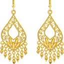 18K Gold Plated Filigree Dangle Earrings - Boho Indian Jewelry - Long Chandelier Design - Gold Plated Brass - 1.02 inches - No Gemstone