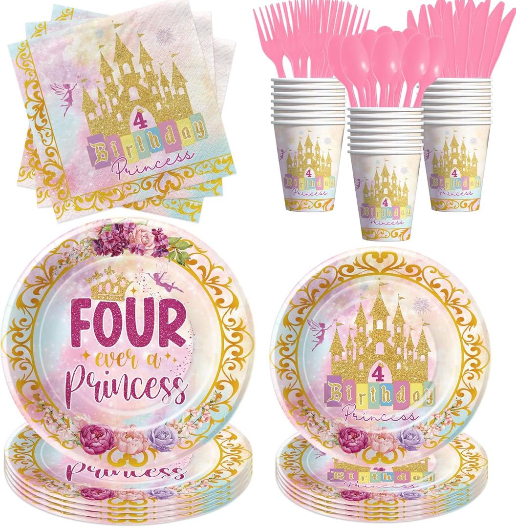 Srua Don Princess 4th Birthday Party Decorations Tableware, Pink and Gold Girl's Four Ever a Princess Birthday Party Supplies, Paper Plate, Cup, Napkin, Disposable Cutlery, Serves 24