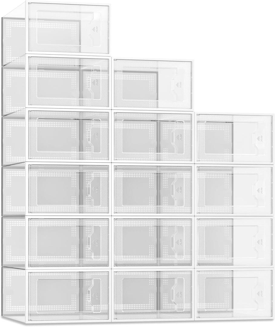 SEE SPRING Large 15 Pack Shoe Storage Box, Clear Plastic Stackable Shoe Organizer for Closet, Space Saving Foldable Shoe Rack Sneaker Container Bin Holder