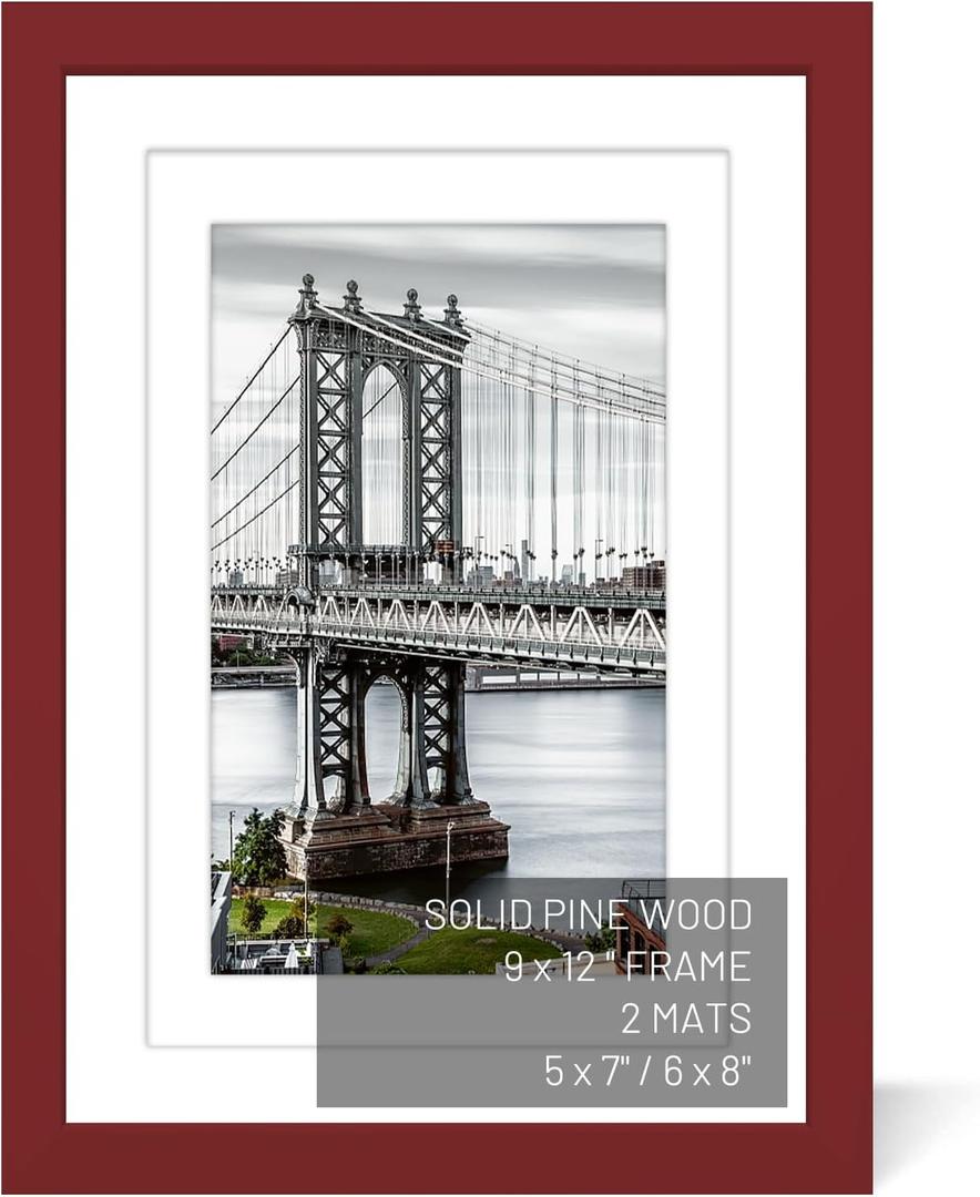 9x12 Solid Wood Picture Frames - 6x8 & 5x7 with or without Mat, Wall Mount or Table Top (Red)