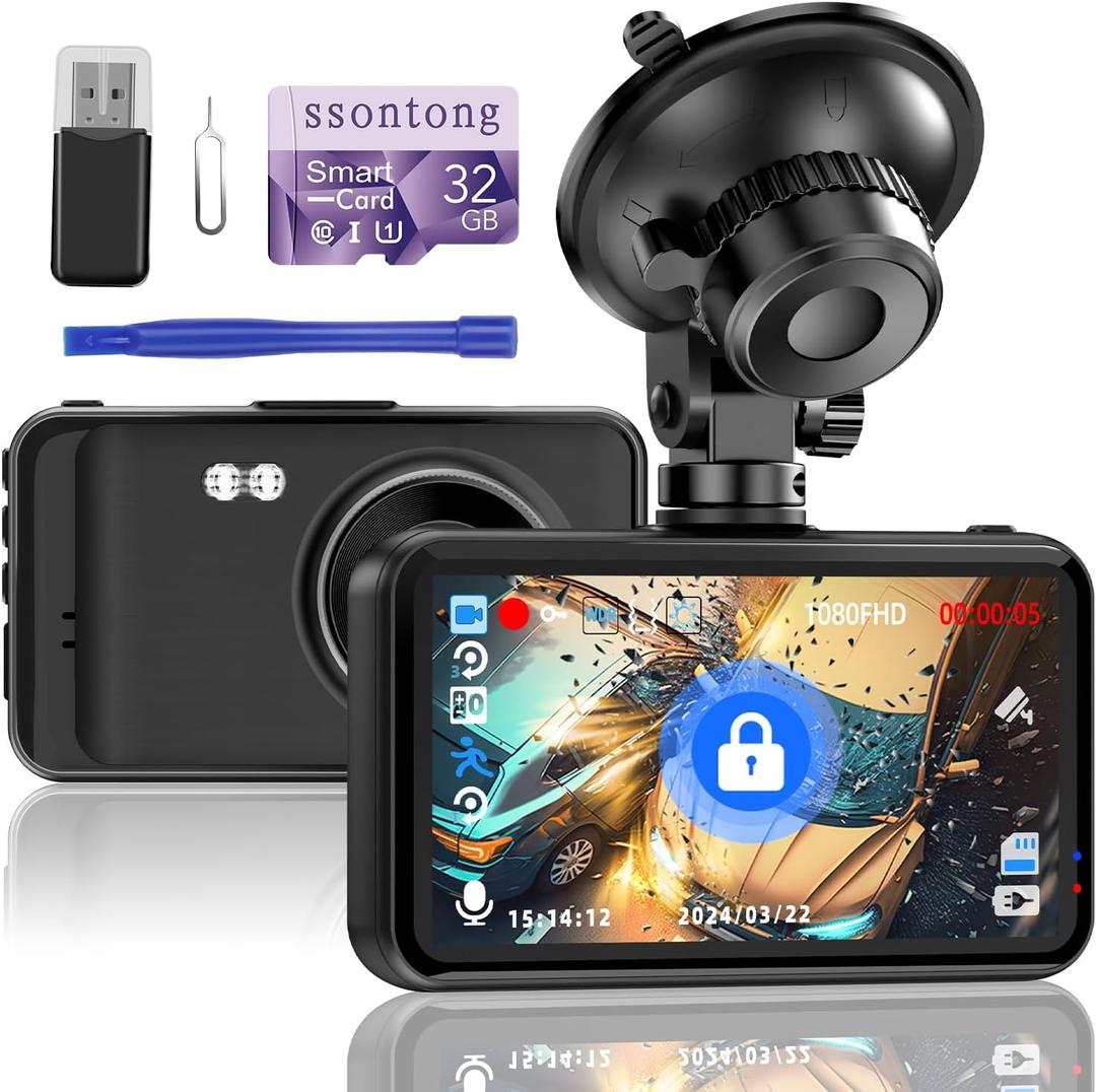 Dash Cam, Dash Camera for Cars 1080P FHD Dashcam DVR Car Camera Dash Cam Front W/ 32GB Card,Night Vision,170Wide Angle 3IPS Screen Dash Camera Loop Recording G-Sensor Motion Detection Parking Mode (32GB-A10 Dash Cam Front Only)