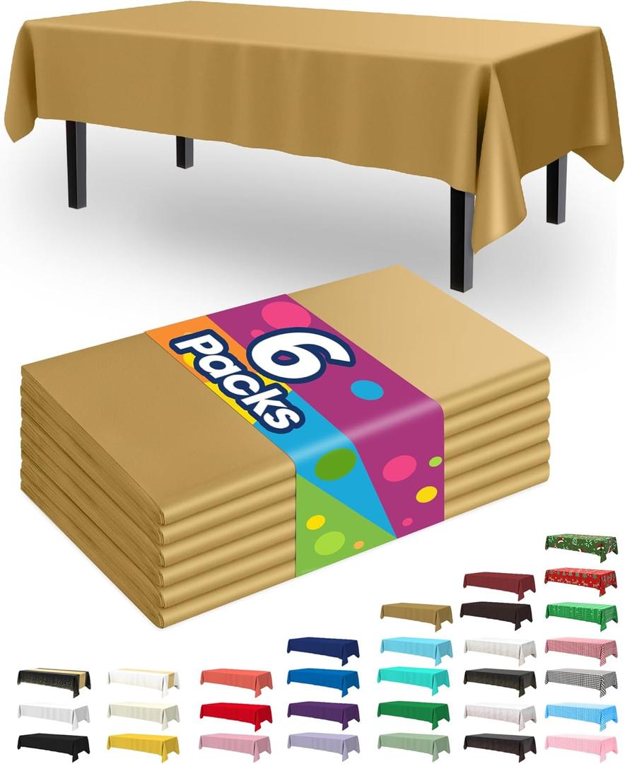 Pureegg Plastic Table Cloth Disposable 6 Pack, 54 x 108 Inch Table Cloths, Graduation Decorations, Thanksgiving, Christmas Tablecloths, Rectangle, Plastic Cover, Waterproof, Gold