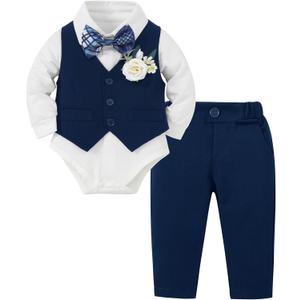 Coco&RARA Baby Boy Clothes Suits Infant Gentleman Outfits, Formal Dress Shirt+Vest+Corsage+tie+Pants Baby Suit Set (0-3 Months, Navy Blue)