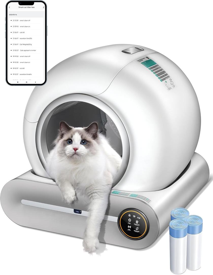 (2025) Self Cleaning Litter Box, Upgraded Robot Automatic Litter Box for Multiple Cats, 65L+9L Extra Large, Features Negative ion Sterilization and Deodorization, APP Control, Health Monitor (White)