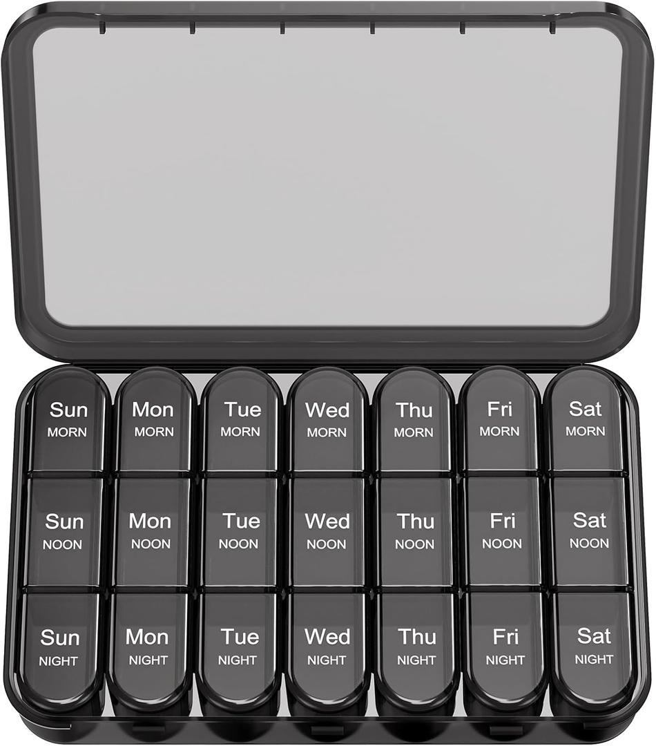 Daviky Pill Organizer 3X a Day, Weekly Pill Box 7 Day, Travel Pill Case with Large Containers, Light-Proof Pill Case for Vitamins, Medication, Supplements and Fish Oils (Black)