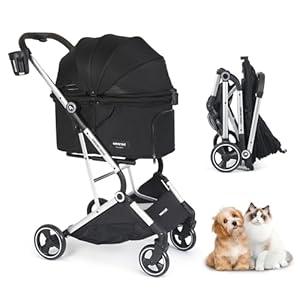 Beberoad Pets T4 Pet Stroller for Small Medium Dogs, Cat Strollers for 2 Cats, 4 Wheels Folding Pet Stroller for Cats with Pad, Canopy and Cup Holder, Black