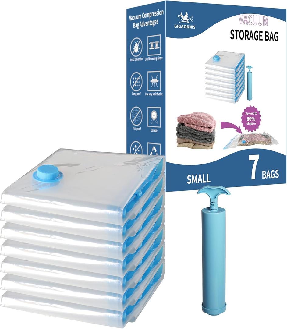7 Pack Small Space Saver Vacuum Storage Bags for Clothing Travel, Vacuum Seal Compression Bags for Clothes, Packing, Luggage, Blankets, Comforters and Pillows, Hand Pump Included