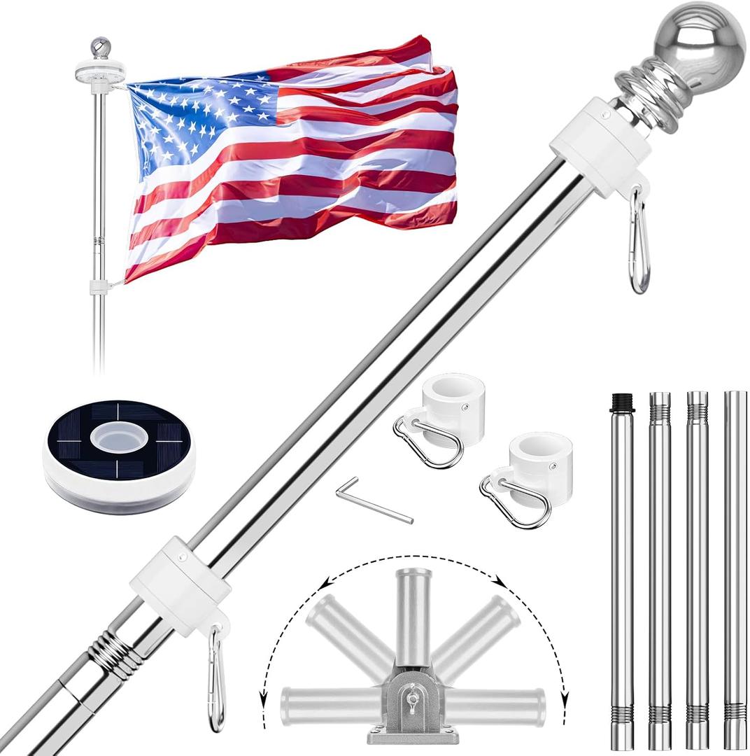 ZMTECH 5FT Flag Pole for Outside House with Solar Light, Tangle Free Stainless Steel Flag Pole Kit, 180 Adjustable Flag Pole Holder & Flag Holder Bracket, Silver (No Flag)