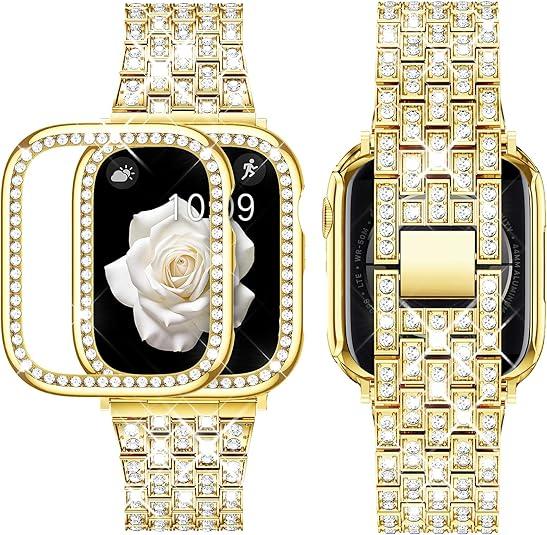 Supoix Compatible with Apple Watch Band 38/40/41/42/44/45/46/49mm+ Case, Women Jewelry Bling Diamond Rhinestone Replacement Metal Bands & 2 Pack PC Protector Case for iWatch Ultra 3/2/1 Series 11/10/9/8/7/6/5/4/3/2/1/SE (Silver)