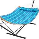 SUPERJARE Hammock with Stand, 2 Person Heavy Duty Hammock with Padded Cotton, Detachable Pillow & Strong Curved-Bar & Portable Carrying Bag, Perfect for Outdoor & Indoor, Aqua Blue