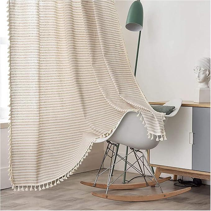 Sutuo Home Boho Curtains 63 Inch Length for Bedroom Nursery Room, Rod Pocket Light Filtering Cotton Embroideried Bohemian Striped Semi Blackout Farmhouse Decor, White and Coffee 1 Panel W52 x L63
