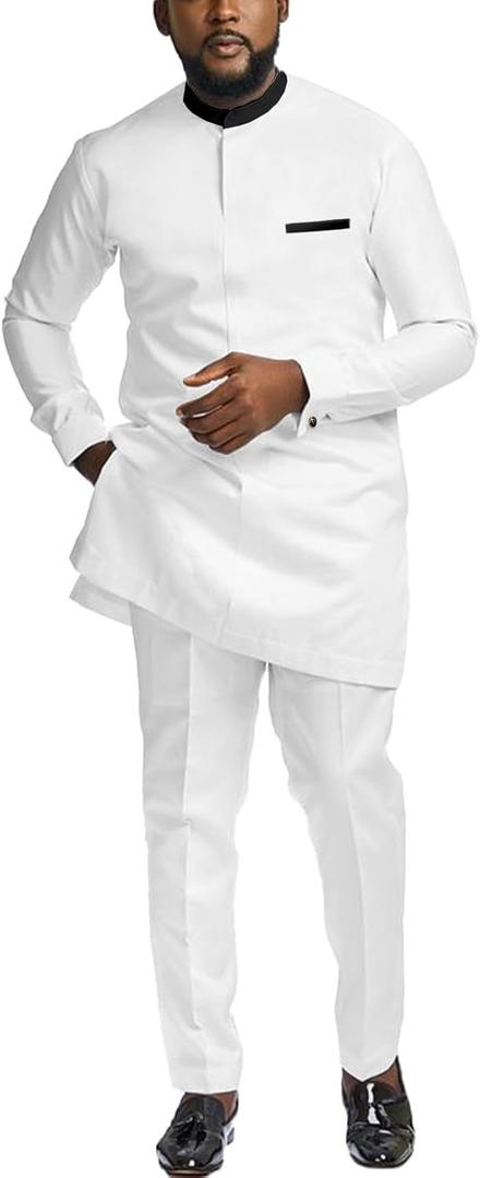 African Suit for Men 2 Piece Set Shirt Pants Dashiki Outfits Nigerian Wedding Attire (Large, White)