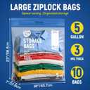10PCS 5 Gallon Zipper Lock Plastic Bags with Handle and bottom,18"x23"+7",Extra Large Size Reusable Storage Bag with Double Zip for Clothing,Travel,Moving,Beach,BPA-Free,3-Mil Thick