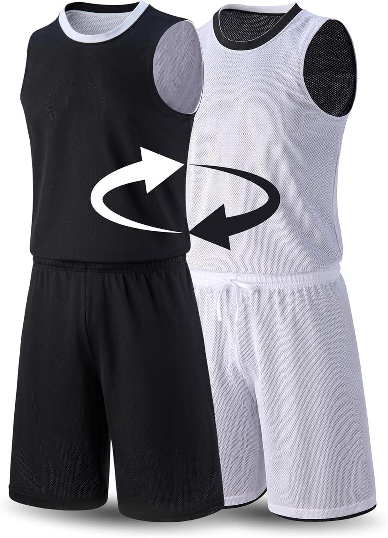 1 Set of Men's Reversible Basketball Jersey and Shorts, Double-Sided Custom Athletic Uniforms for Team Sports Practice (X-Large, Black/White)