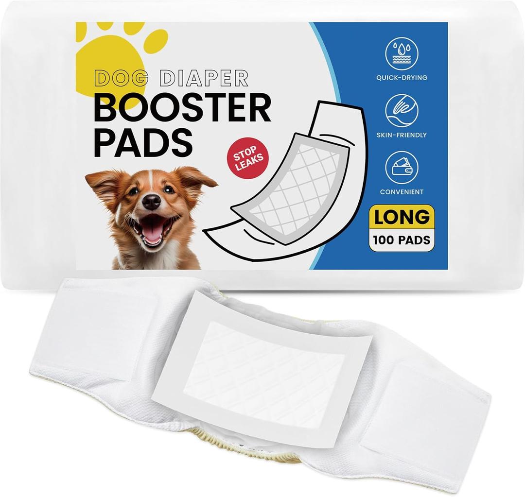 Disposable Dog Diaper Liners Booster Pads for Male & Female Dogs - 100ct | Diaper Inserts fit Most Washable Dog Wraps and Belly Bands,Long