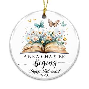 Happy Retirement Ornament 2025 – “A New Chapter Begins” Inspirational Ceramic Ornament with Book, Flowers & Butterflies – Retirement Gift Keepsake for Teachers, Nurses, Coworkers, Bosses & Friends Pack of 3